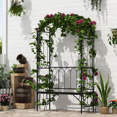 Banc de jardin avec treillis en métal pour décoration de patio - Grow Morning Glory, capacité de poids de 484 lb, arche noire 2 vignes, romantique