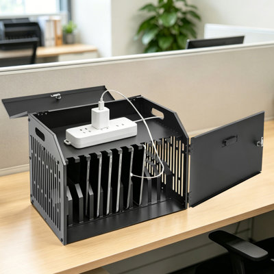 11-Device Portable Charging Station With Lock, Locking Laptop Storage Box