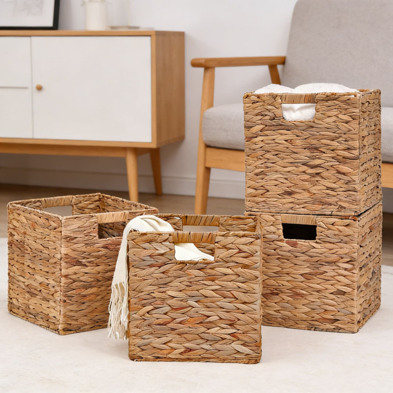Handwoven Water Hyacinth Storage Baskets, Set Of 4 Cube Bins For Shelves, Kitchen, Living Room, And Home Organization, 4