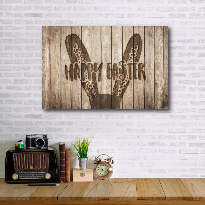 Reproduction d’art textuel sur bois sans cadre « wooden happy easter »