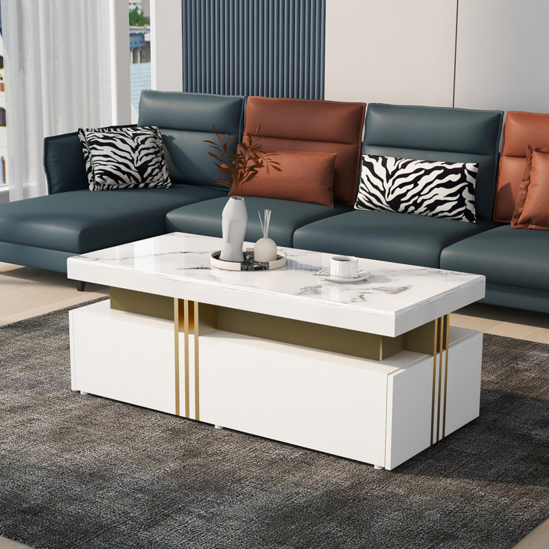Chalsea Coffee Table with Storage, White, Calacatta White Marble Tabletop