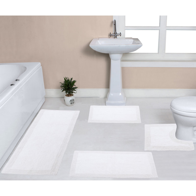 Tapis pour salle de bain réversible 100% coton (ensemble de 4) Bruss, Blanc