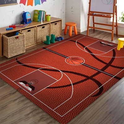 Tapis de basketball pour chambre, tapis de terrain de basketball, tapis à motifs de terrain de basketball, tapis de sport de basketball pour chambre, tapis à poils courts facile à nettoyer pour salon, 60 x 90 cm