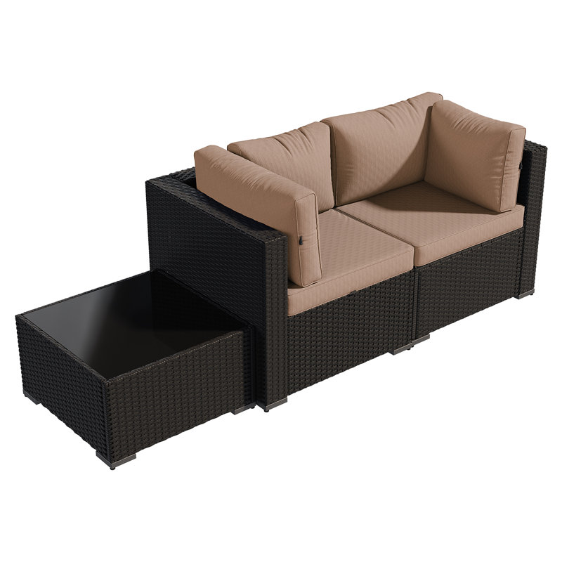 3 -Person Rattan Patio Safo With Cushions, Beige, Black