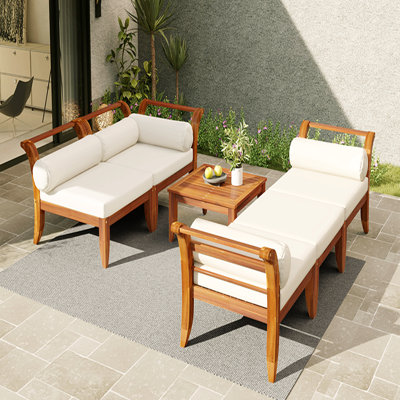 Ensemble de canapé de patio 6 pièces, ensemble de conversation modulaire d'extérieur en bois d'acacia, ensemble de conversation en forme de L, lit de jour convertible avec table à thé, repose-pieds, 5 coussins et coussins, teck et beige