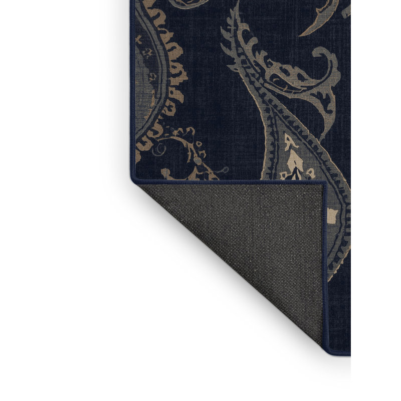 Tapis gris moelleux moelleux à motif cachemire traditionnel bleu marine, Rond 7 pi