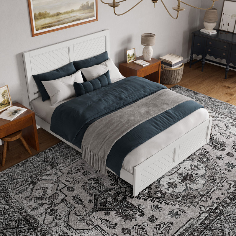 Jeinny Solid Wood Low Profile Platform Bed with Matching Footboard, White, Queen