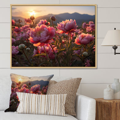 Champ de pivoines roses avec coucher de soleil sur toile
