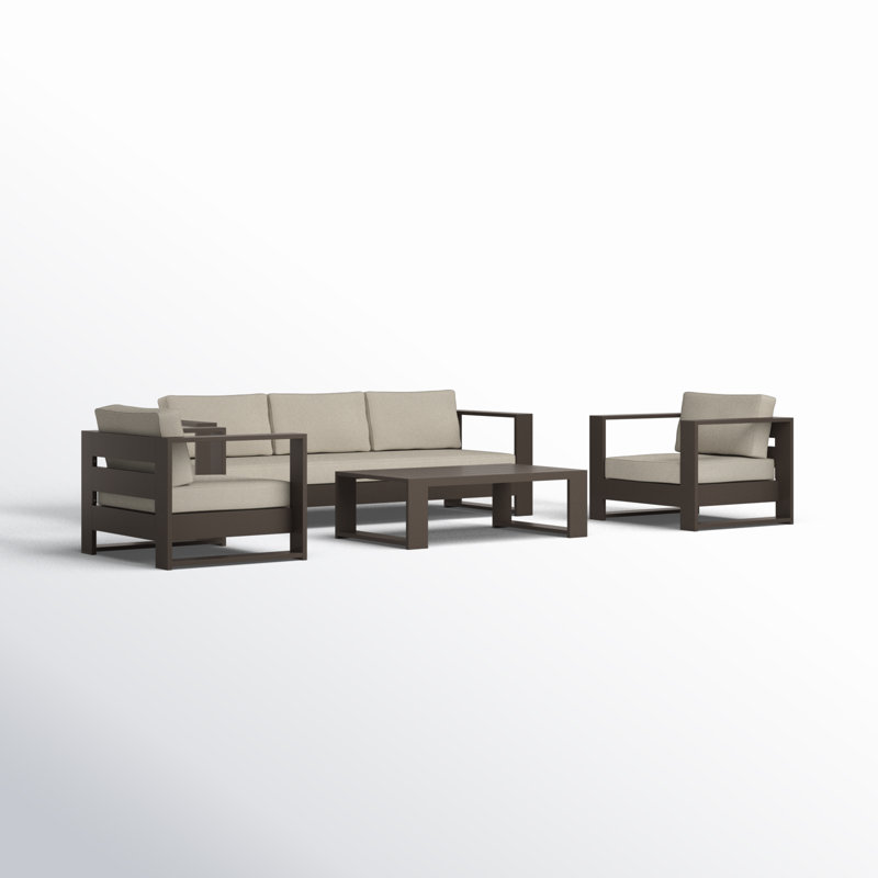 Hoyt Outdoor Aluminum Conversation Set with Coffee Table, Bronze, Khaki, 4 Pcs: Coffee Table, 1 Sofa, 2 Chairs