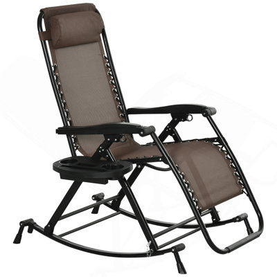 Outdoor Rocking Chairs, Foldable Reclining Zero Gravity Lounge Rocker W/ Pillow, Cup & Phone Holder, Combo Design W/ Folding Legs, Brown