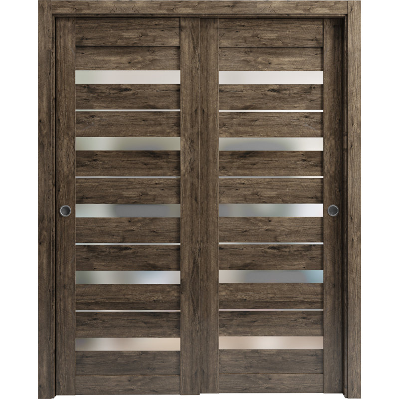 Portes coulissantes coulissantes pour garde-robe avec portes en verre dépoli Quadro 4445, 56 po x 84 po, Chêne cognac