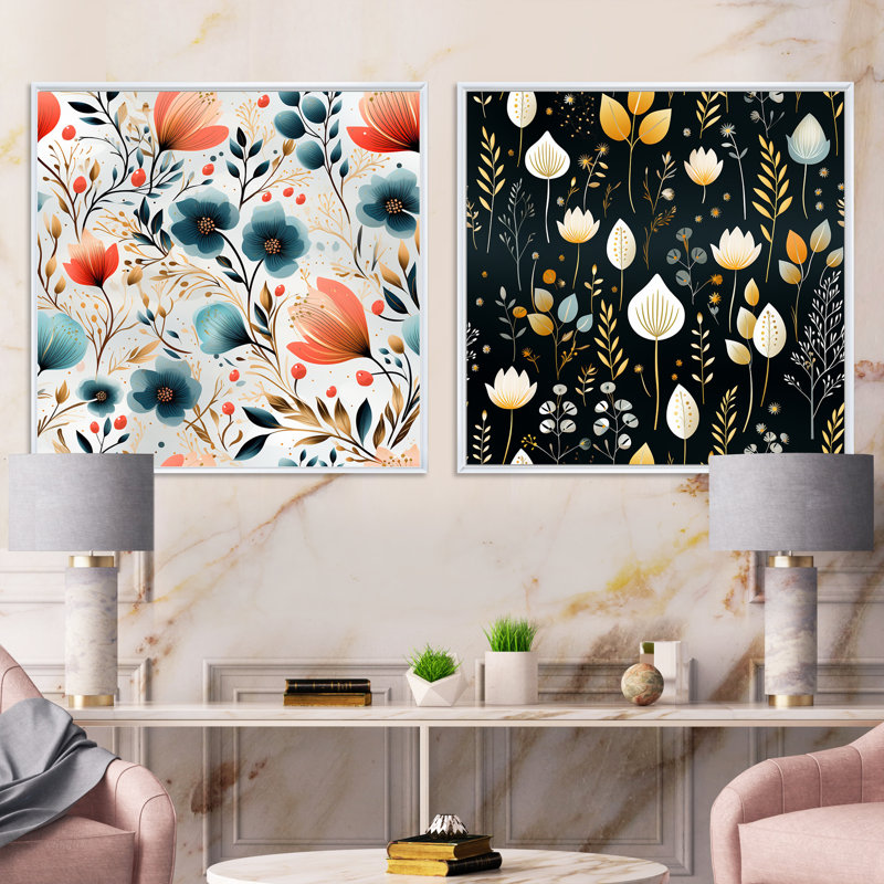 Isaure - Ensemble de 2 collages carrés botaniques abstraits, H 16 po x l 33 po, Cadre flottant blanc
