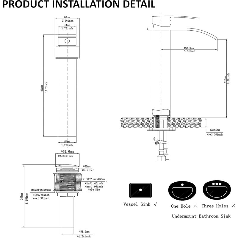 Tall Waterfall Basin Mixer Tap, Bathroom Sink Tap (Black)