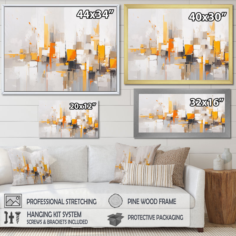 «Gray Yellow Symmetometric Abstract», reproduction sur toile, Toile tendue, H 12 po x l 20 po x P 1 po