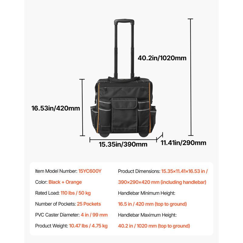 Sac à outils à roulettes, capacité de charge de 50 kg, 25 poches, sac à outils robuste à roulettes, poignée télescopique réglable et base stable, organisateur de sac à outils à roulettes pour la construction et la mécanique.