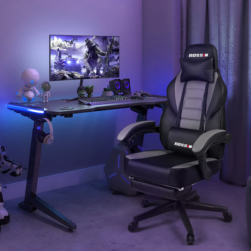 BOSSIN Gaming Chairs with Footrest, Ergonomic Computer Game Chairs with Lumbar Support, Gray/Black