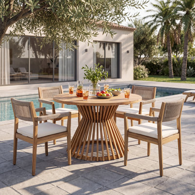 Ensemble de salle à manger de patio en bois d'acacia Mid-Century pour 4 personnes avec table à piédestal ronde et chaises en corde Cieanna