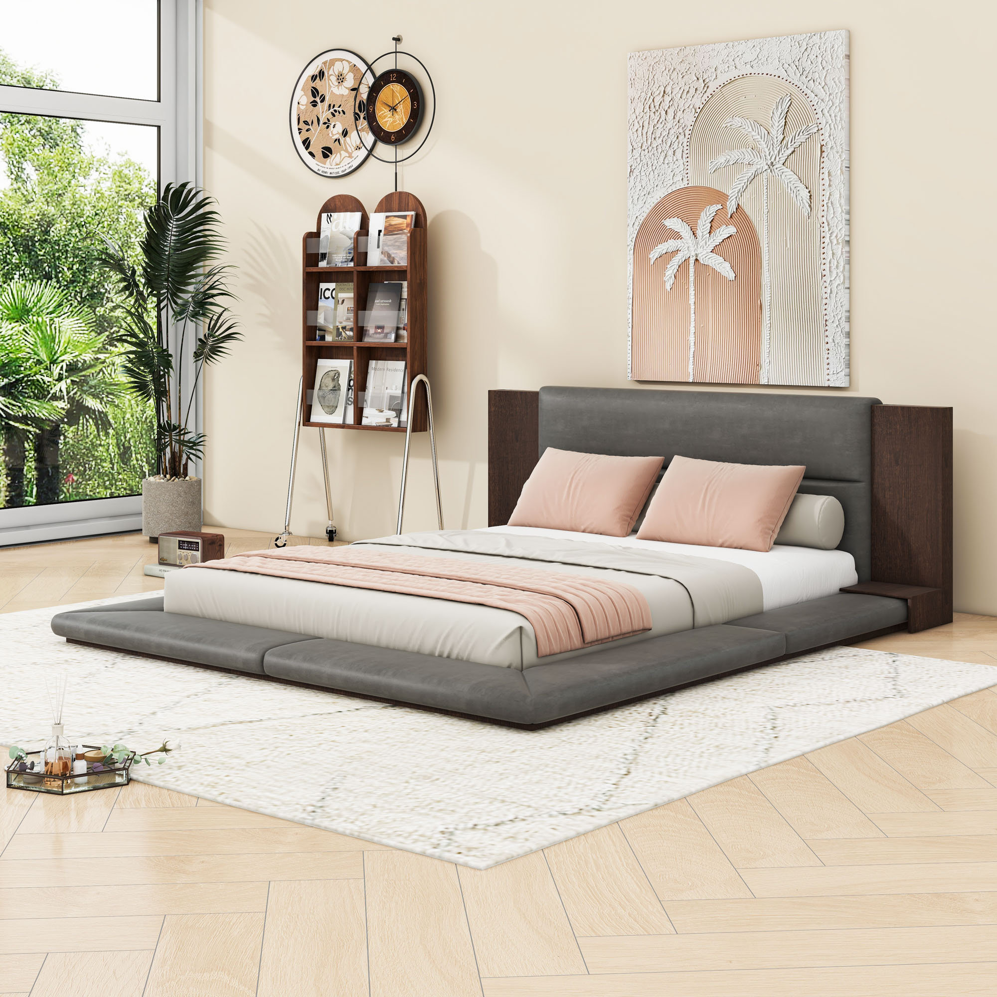 Japanese style solid wood bed modern simple no head tatami bed frame bedroom  furniture with light suspended bed, image size:2000x2000