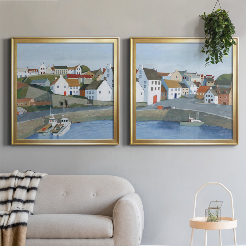 Ensemble de 2 cadres photo Old Coast Town I Old Coast Town I, H 30,5 po x l 61 po x P 1,5 po, Toile encadrée d'or