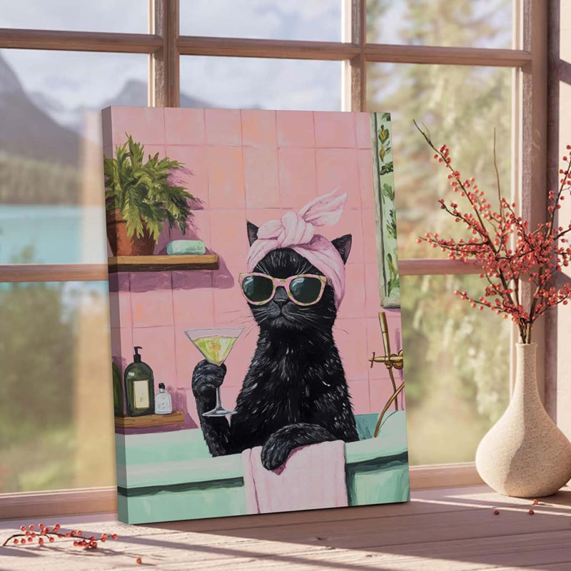 Funny Bathroom Black Cat Canvas Wall Art Cute Cat In Bathtub Poster Print Whimsical Animal Painting Pink Trendy Bathroom Picture Artwork Wall Decor For Bedroom Living Room Toilet Framed