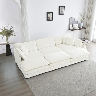 Canapé modulaire 6 places avec repose-pieds et coussins. Structure en bois robuste, chenille très respirante, mousse. En forme de U pour la détente. Blanc, 3 sièges. Simple à assembler