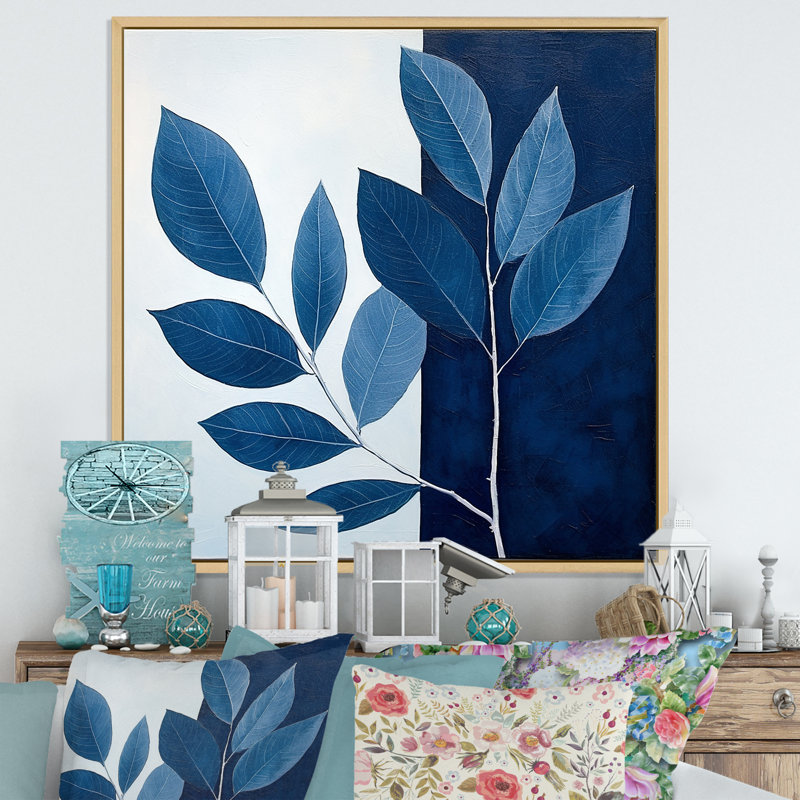 Blue Indigo Leaves Harmony I, Cadre naturel flottant, H 16 po x l 16 po