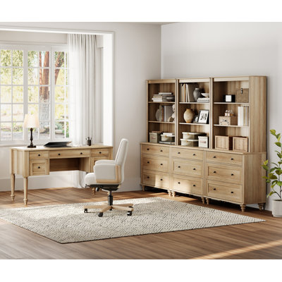 Ensemble de bureau 2 pièces, bureau double 56 po et ensemble de 3 bibliothèques avec tiroirs, chêne
