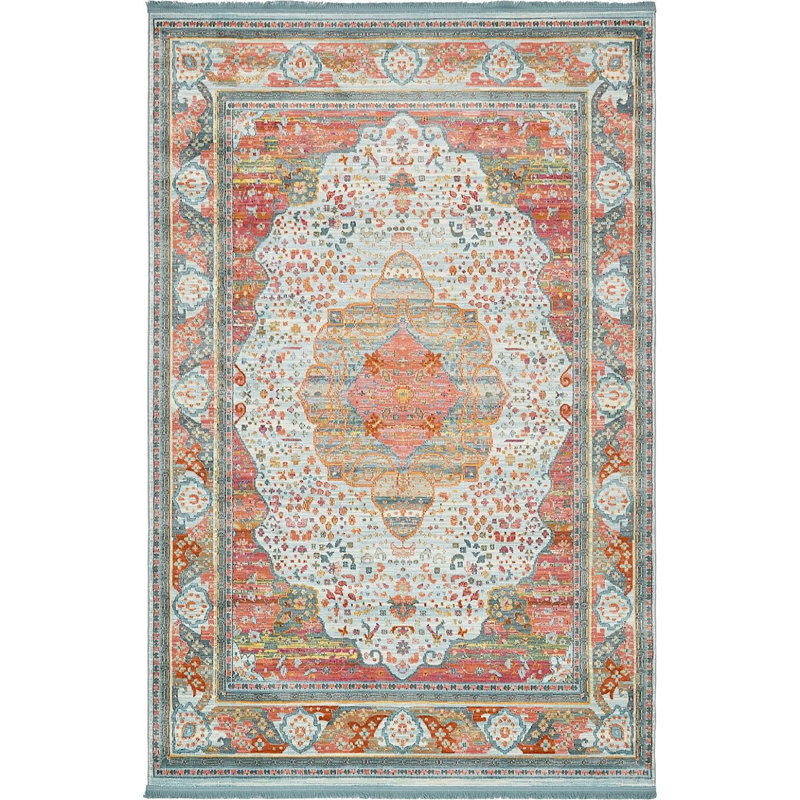 Tapis à motif oriental bleu clair Folmar, Rectangle 5 pi 5 po x 8 pi