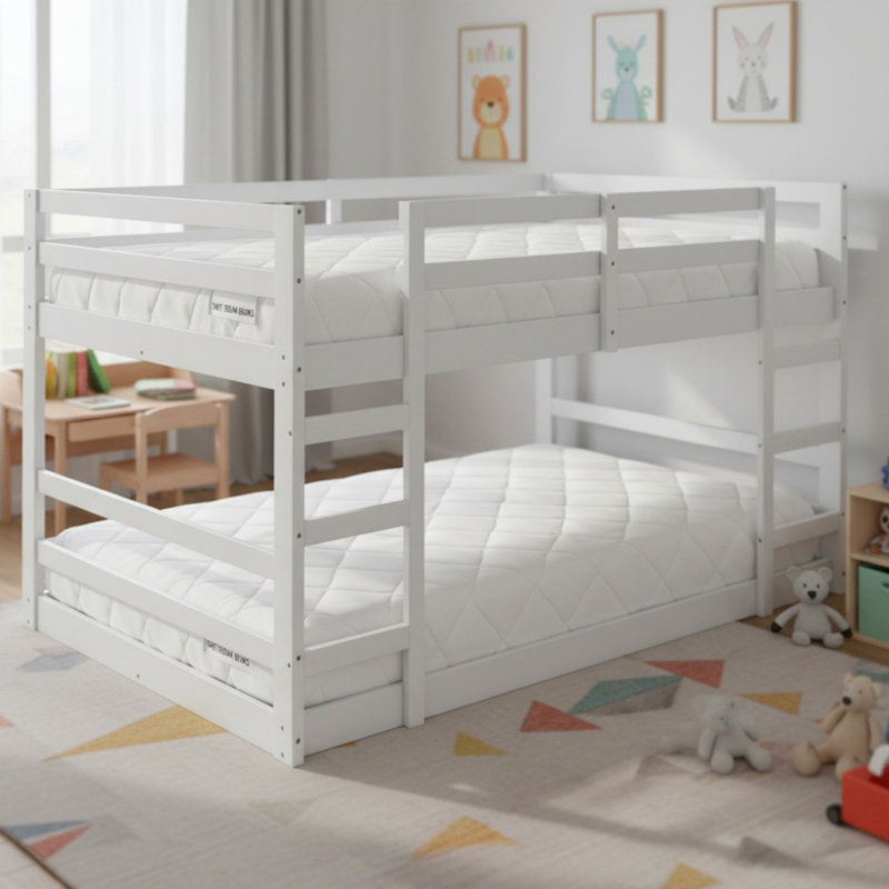 Lit superposé simple au-dessus de simple en bois massif avec échelle pour garçons et filles, Full Over Full, White