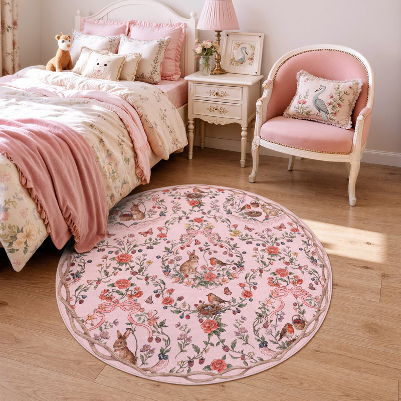 Tapis antidérapant de style forêt pastorale avec lapin et fleurs, en vison d'eau douce, Pink, Round