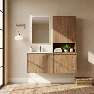 Floating Single Bathroom Vanity with Upper Cabinet, Ceramic Sink and Handle-Free Design