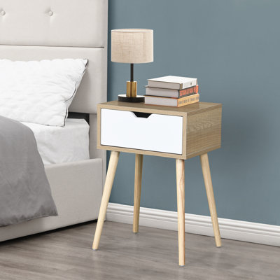 Side Table with 1 Drawer and Rubber Wood Legs, White with solid wood color
