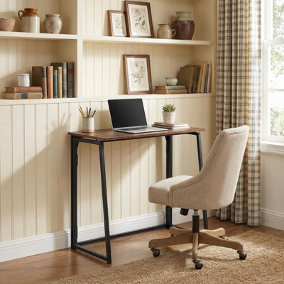 Bureau pliant 31,5 po pour petits espaces, table d'écriture compacte avec structure en métal, brun rustique