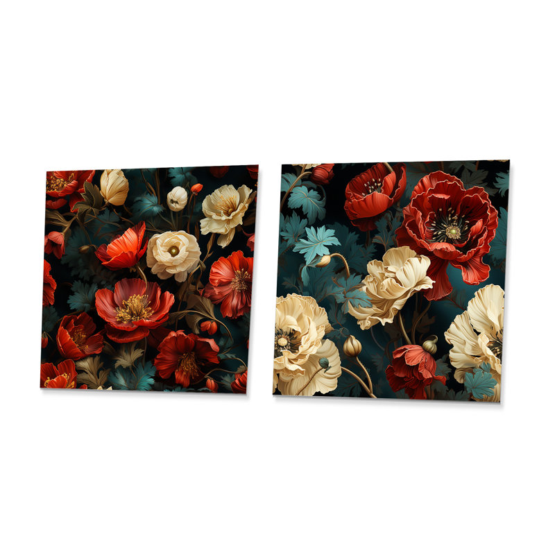 Hasson - Ensemble de 2 reproductions d'art murales carrées florales en métal, H 36 po x l 72 po