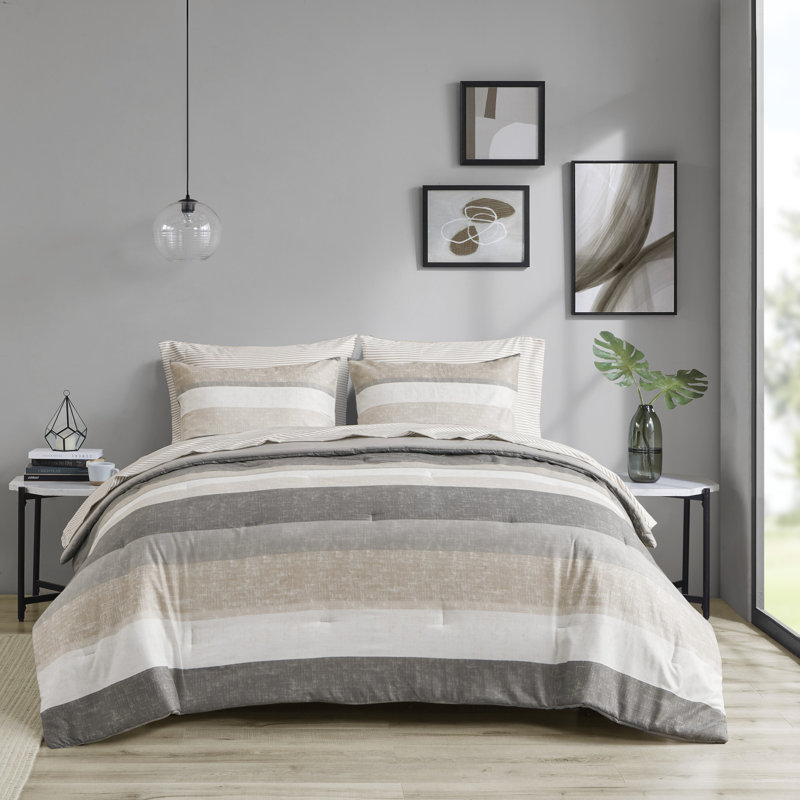 Jaxon Comforter Set with Bed Sheets, King Comforter + 6 Additional Pieces, Taupe/Gray