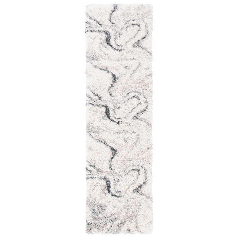 Ivory and Grey Hand-knotted Shag Runner Rug