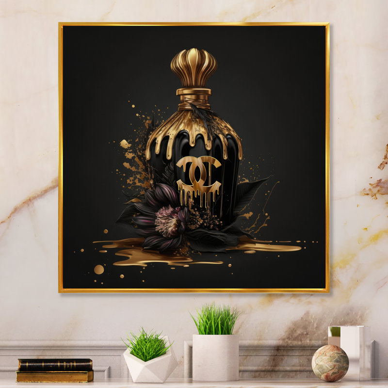 «Chic Black and Gold Perfume Bottle VIII», reproduction sur toile tendance, H 24 po x l 24 po x P 1 po