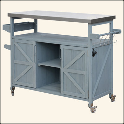Outdoor Kitchen Island, Rolling Bar Cart & Storage Cabinet, Farmhouse Solid Wood Outdoor Grill Table With Stainless Steel Top, Spice Rack , Towel Rack For Kitchen & BBQ