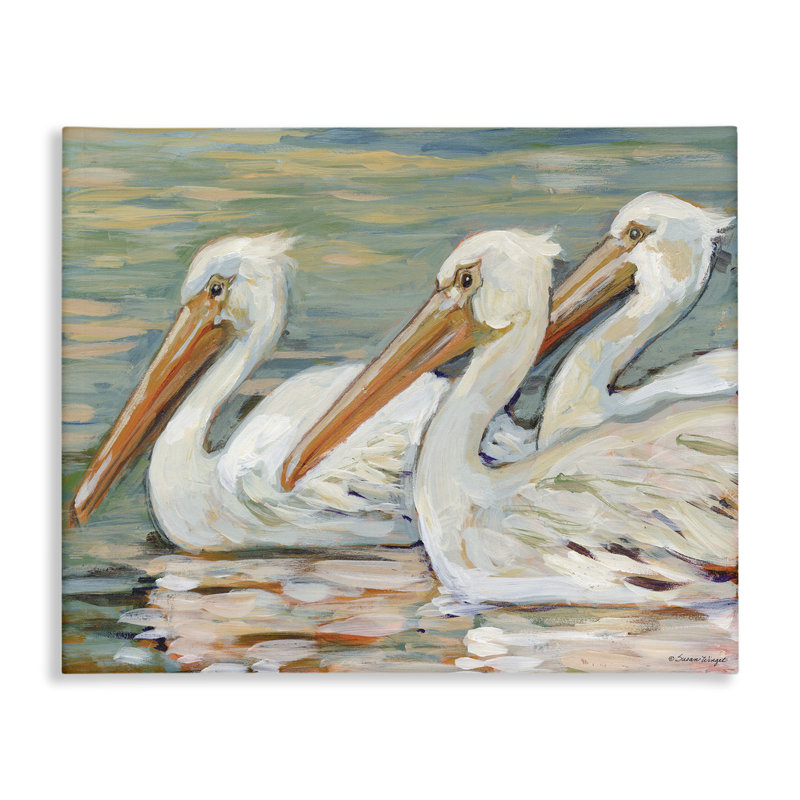 «Pelican Trio Pond Reflection», art mural par Susan Winget, H 36 po x l 48 po