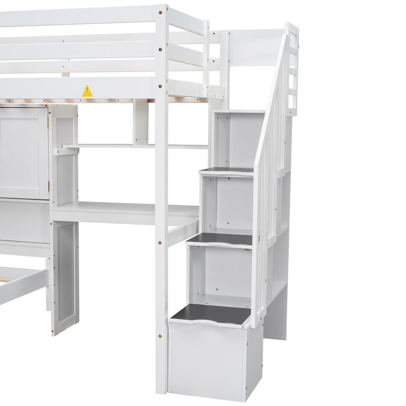 Lit mezzanine simple au-dessus de simple avec bureau intégré, escalier de rangement, compartiments et tablettes, structure en bois massif