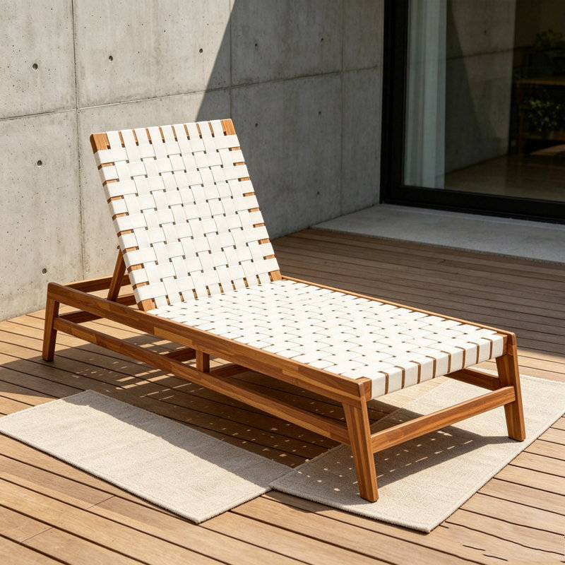 Outdoor Rope Chaise Lounge, Teak,White