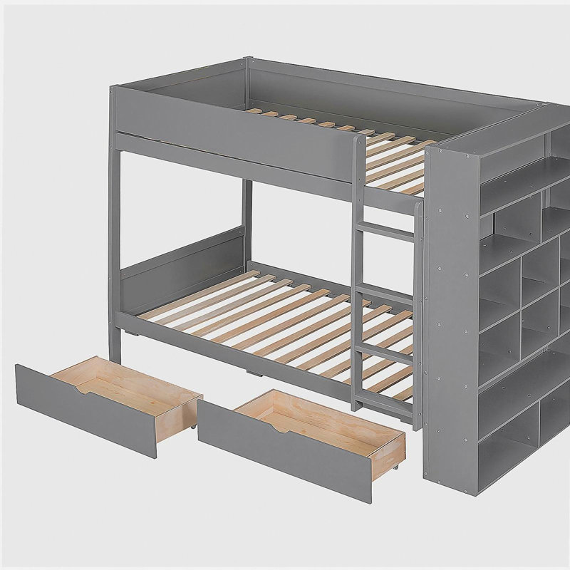 Lit superposé simple au-dessus de simple avec 2 tiroirs et armoires multicouches, gris, Gris