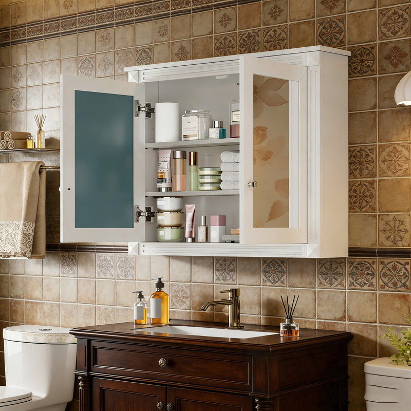 Armoire murale Straitson avec 2 miroirs et 2 tablettes réglables, Blanc