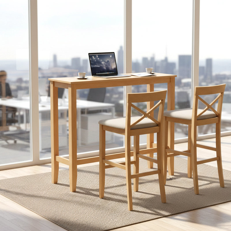 Ensemble de table de réception à hauteur de comptoir avec 2 tabourets, conception compacte et sièges rembourrés, Naturel