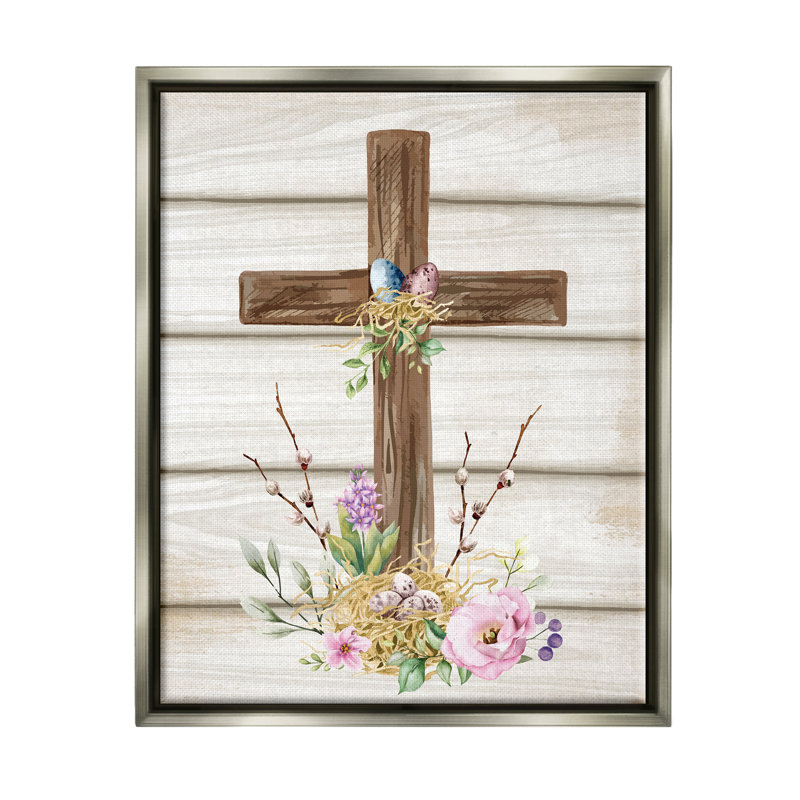Spirituelle, croix de printemps, fleurs printanières, H 21 po x l 17 po x P 1,7 po, Cadre flottant gris lustré