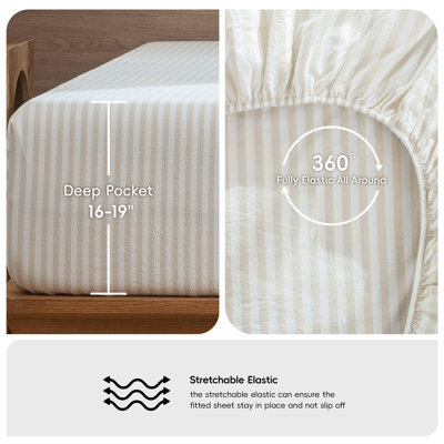 MooMee Striped Sheet Set 100% Washed Cotton Linen Like Textured Breathable Lightweight