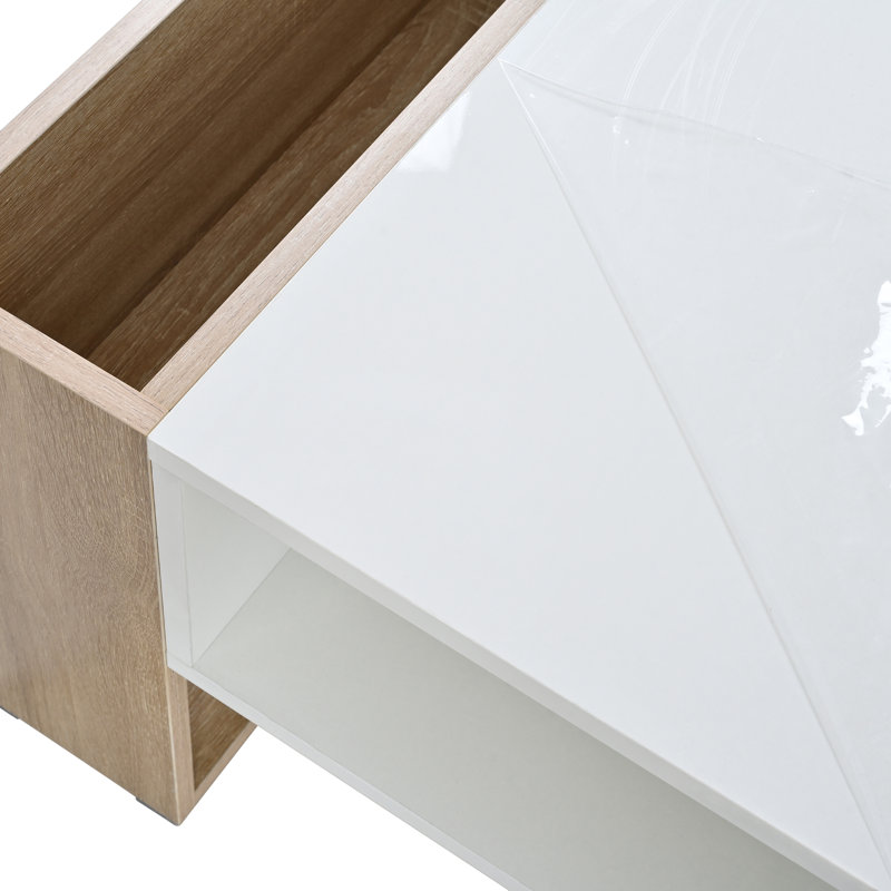 On-trend High Gloss Coffee Table With 2 Drawers, Hidden Compartments, Open Shelf, White, 41.3" X 23.6", Modern Design