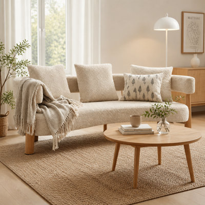 Canapé 3 places incurvé moderne de 194 cm (76,5 po) en tissu bouclé couleur sésame pour salon