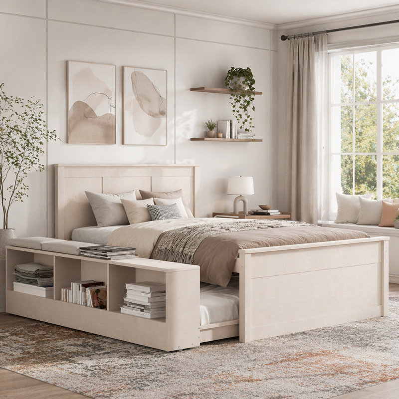 Lit plateforme en bois avec lit gigogne escamotable, armoire de rangement, Twin, Cream White