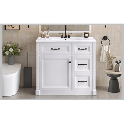 36 Inch Bathroom Vanity with Sink, Cabinet with 4 Drawers, Soft-Close Door & Adjustable Shelf, Ceramic Basin, Modern Storage Vanity for Bathroom Organization, White Finish